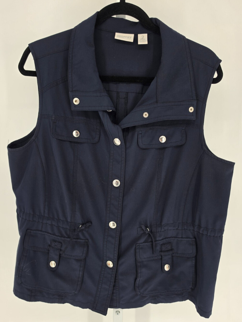 Zenergy by Chicos Womens Sz 2 (US XL) Utility Style Vest Navy Blue Drawstring